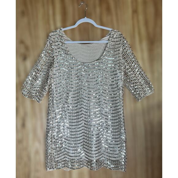 Dear’Gles Sz 12 Silver Sequin Mini Dress Metallic Glam Disco Cocktail Holiday - Picture 3 of 6